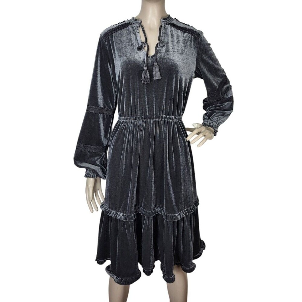 Kate & Sam Gothic Crushed Velvet Tiered Balloon Sleeve Tassel Tie Keyhole Dress